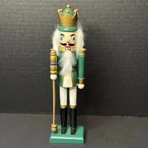Christmas Teal/Green King w/Gold Crown Nutcracker Wooden 9.5" Tall Moving Mouth